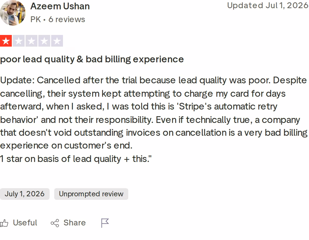 Trustpilot review of Gojiberry: poor lead quality and bad billing experience, by Azeem Ushan, July 1, 2026