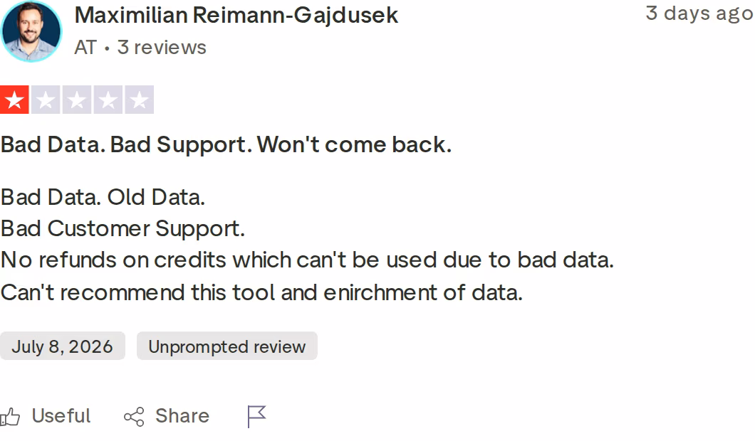 Trustpilot review of Apollo: Bad Data. Bad Support. Won't come back, by Maximilian Reimann-Gajdusek, July 8, 2026