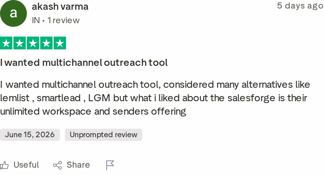 Trustpilot 5-star review of Salesforge: I wanted multichannel outreach tool, by akash varma, June 15, 2026