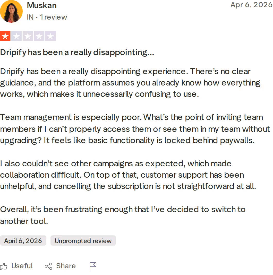 One-star Dripify Trustpilot review describing poor team management, features locked behind paywalls, and difficult cancellation