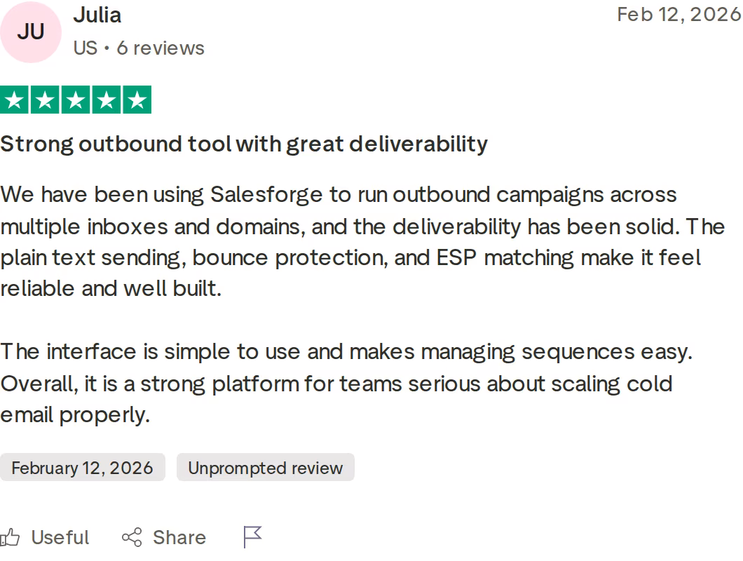Five-star Salesforge Trustpilot review praising deliverability, bounce protection, and ESP matching