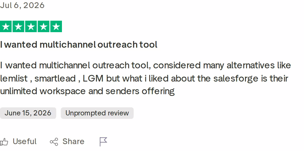 Five-star Trustpilot review praising Salesforge for unlimited workspaces and senders over lemlist, smartlead, and LGM