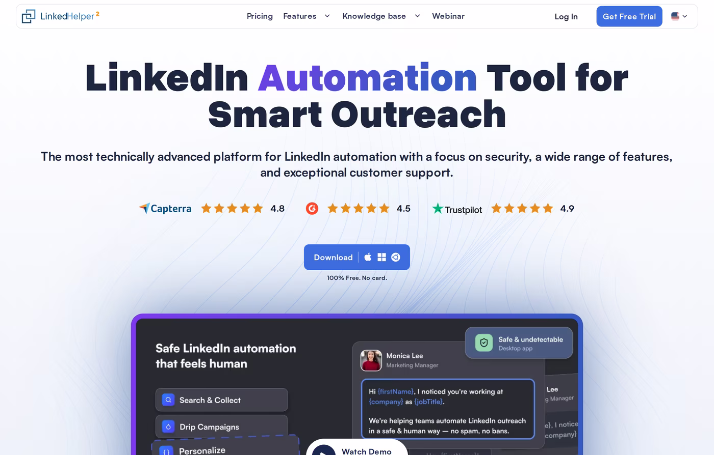 Linked Helper homepage describing a desktop LinkedIn automation tool focused on safety with a free download