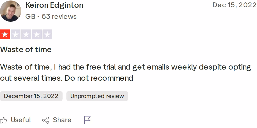 One-star Trustpilot review of Skylead titled Waste of time saying the reviewer kept getting emails after opting out