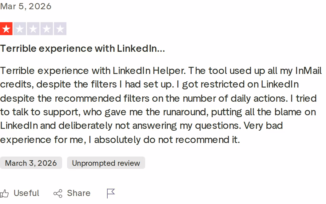 One-star Trustpilot review of Linked Helper describing a LinkedIn account restriction despite using recommended filters