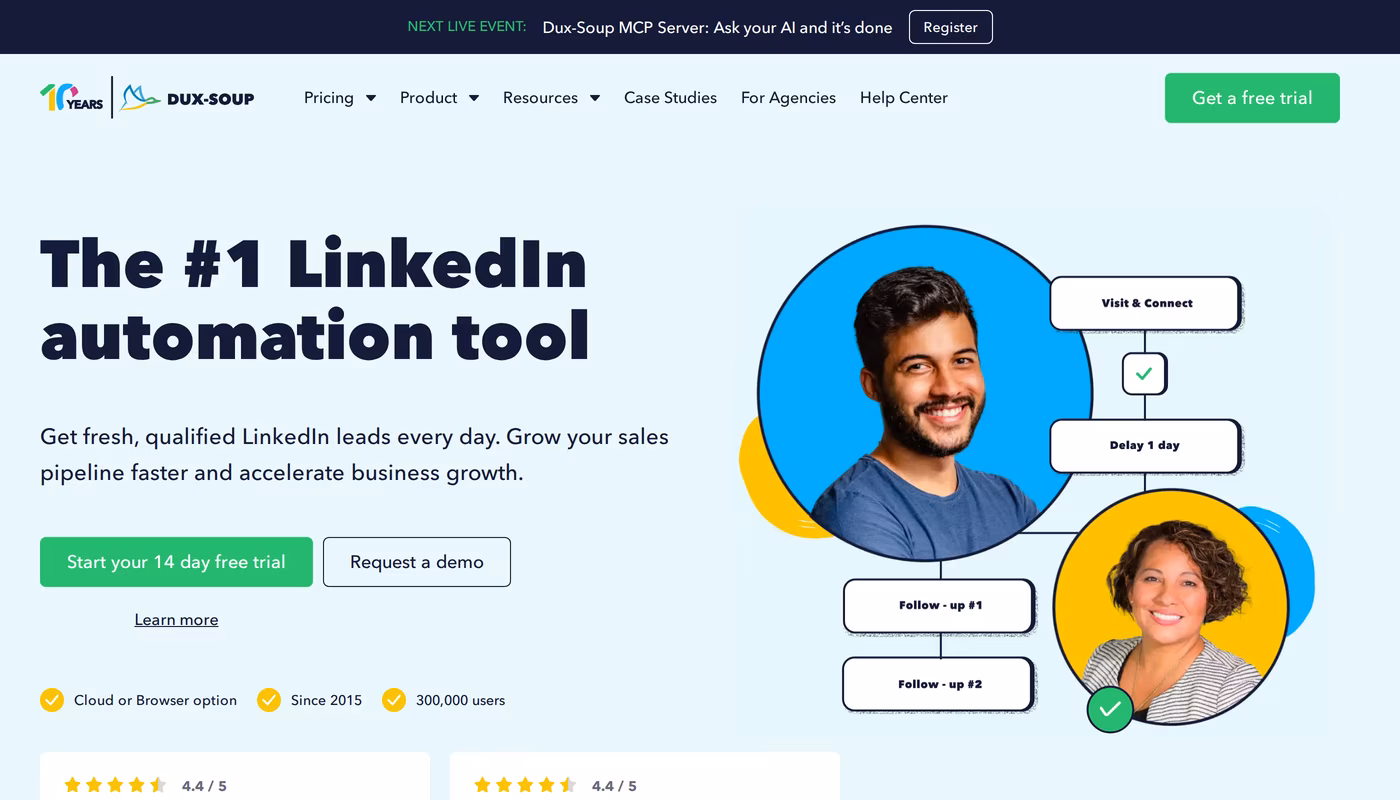 Dux-Soup homepage describing it as the number one LinkedIn automation tool since 2015