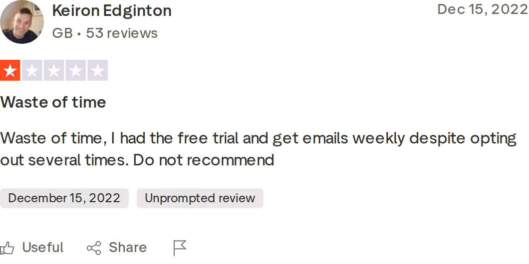 One-star Trustpilot review of Skylead titled Waste of time about repeated marketing emails