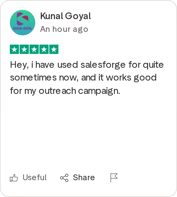 A 5-star Trustpilot review of Salesforge from a verified user