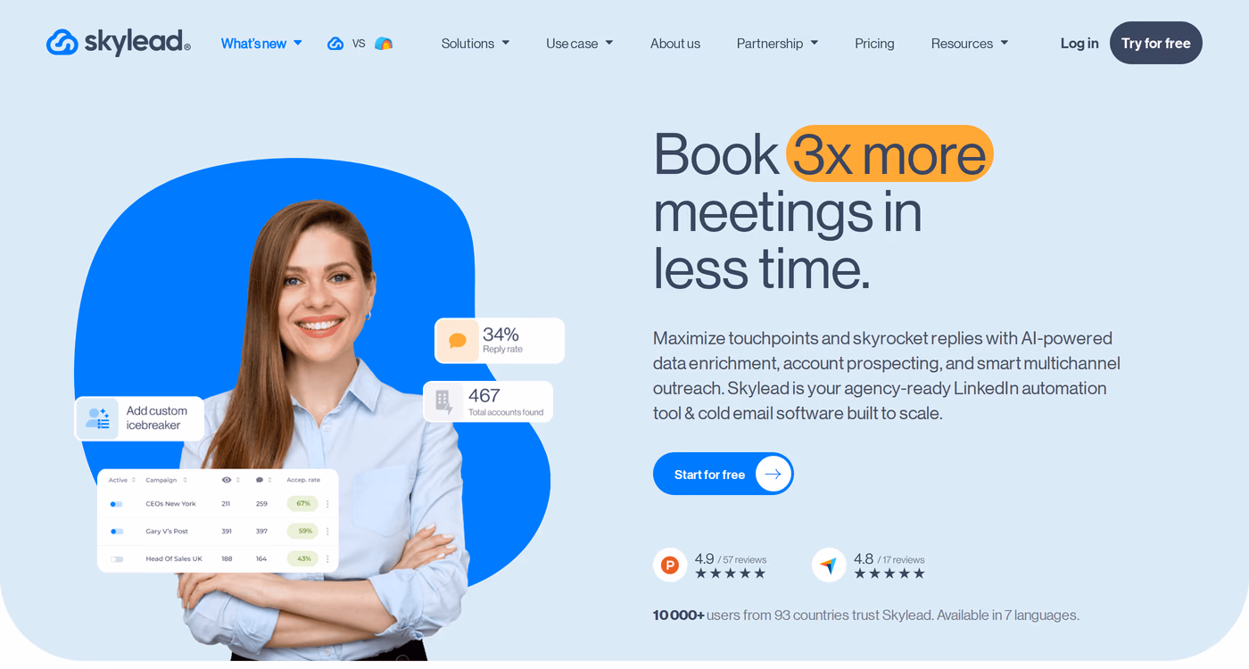 Skylead homepage showing its LinkedIn automation and cold email software