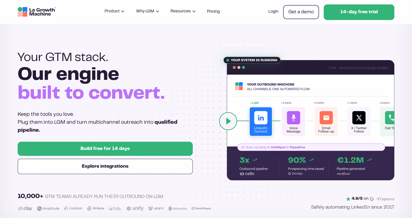 La Growth Machine homepage showing its multichannel campaign builder