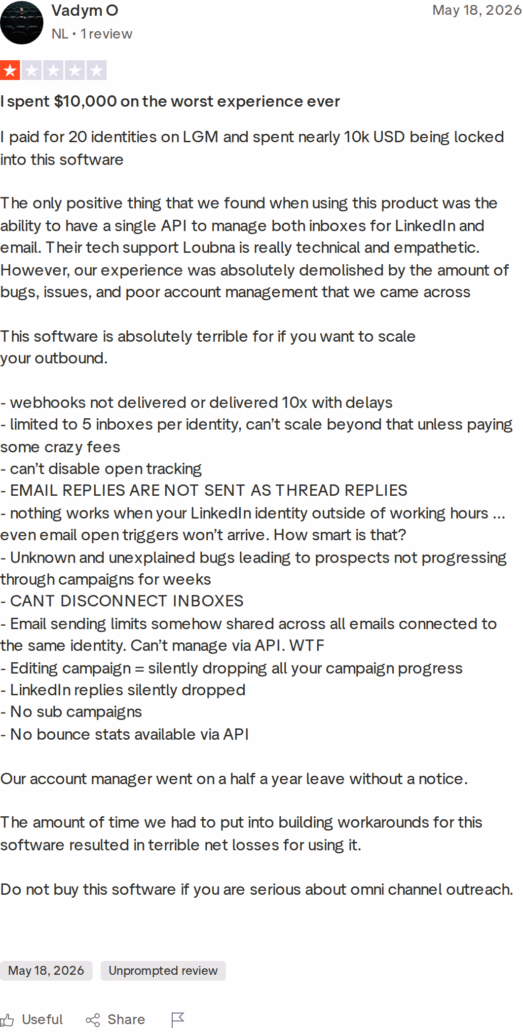 A one-star Trustpilot review of La Growth Machine describing bugs and scaling problems