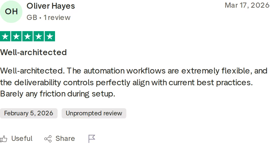 A five-star Salesforge review on Trustpilot praising flexible automation workflows and deliverability controls