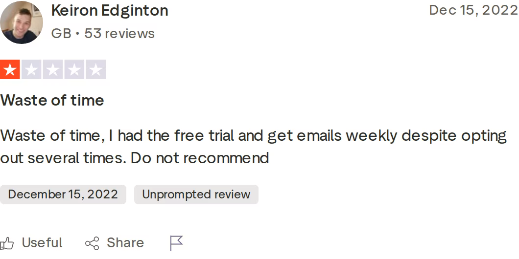 A one-star Skylead review on Trustpilot titled Waste of time about unwanted marketing emails