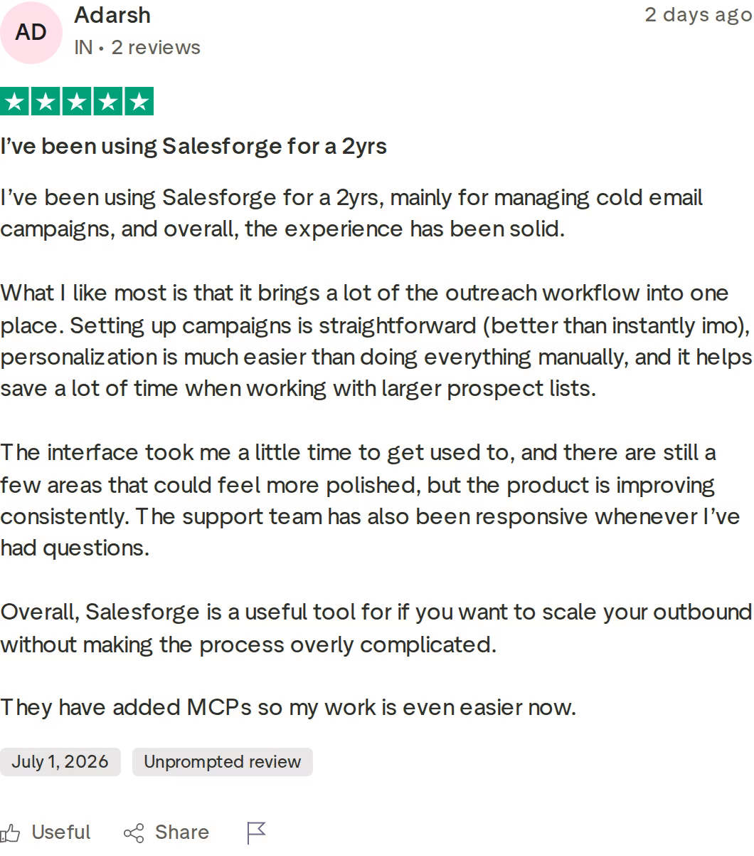 A five-star Salesforge review on Trustpilot describing two years of solid cold email use and MCP support
