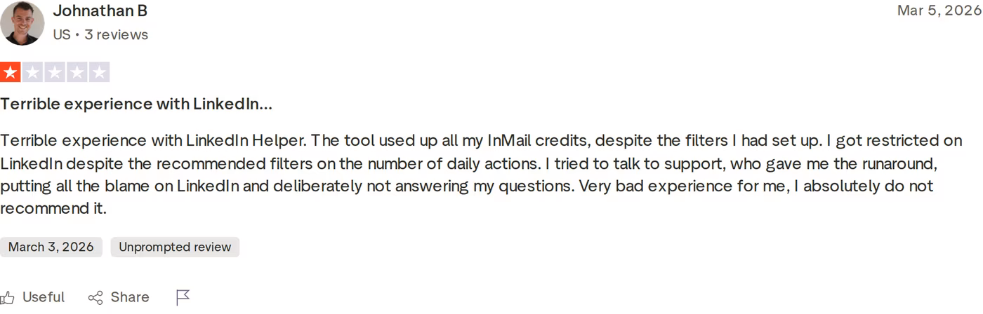 One-star Trustpilot review of Linked Helper by Johnathan B, dated March 5, 2026