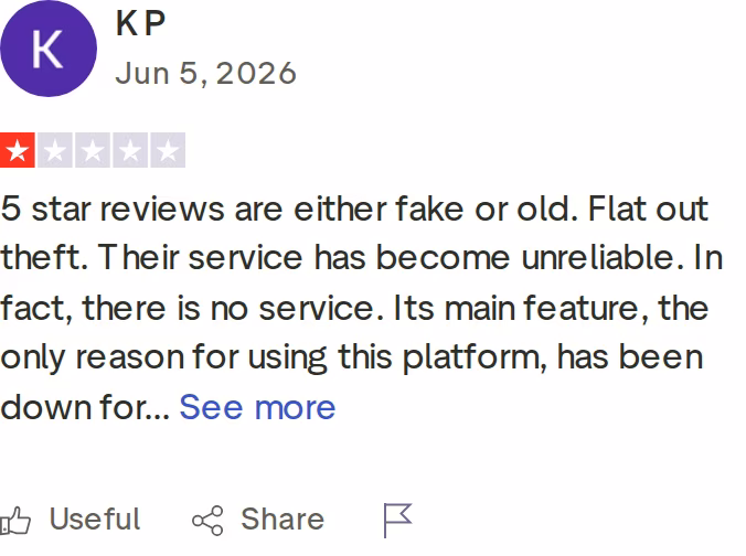 Meet Alfred 1-star Trustpilot review from June 2026 reporting that the platform's main feature had been down and service had become unreliable