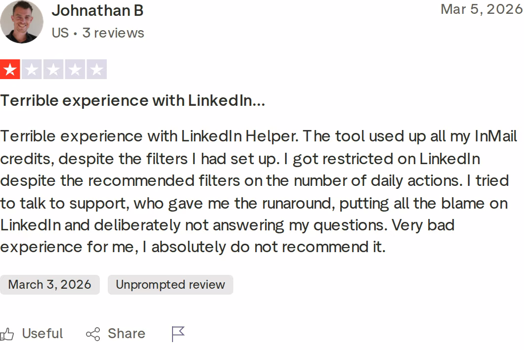 Linked Helper 1-star Trustpilot review from Johnathan B, March 2026, describing a LinkedIn restriction despite recommended daily-action filters
