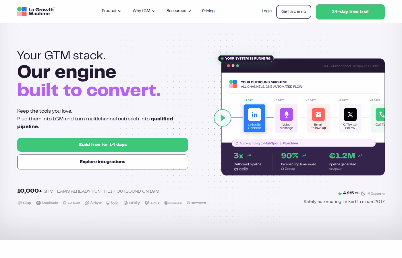La Growth Machine homepage showing its cloud-based multichannel campaign builder across LinkedIn, voice, email, and Twitter