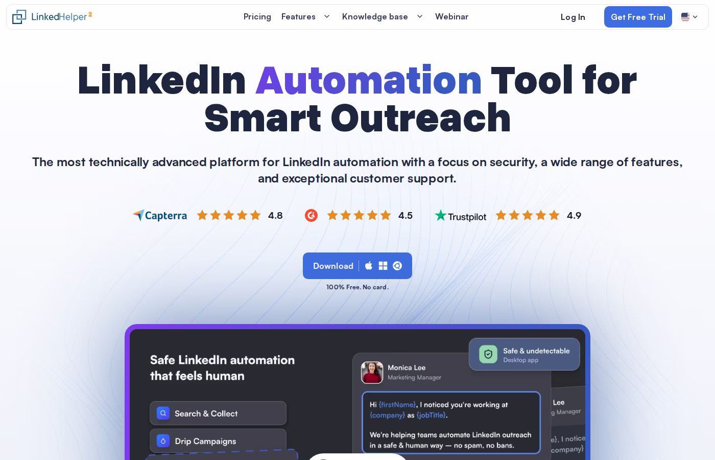 Linked Helper homepage showing its desktop LinkedIn automation positioning and Capterra, G2, and Trustpilot ratings