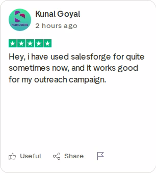 Verified five-star Trustpilot review of Salesforge from a user running outreach campaigns