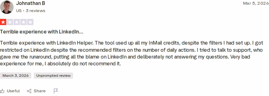 One-star Trustpilot review of Linked Helper from March 2026 describing a LinkedIn restriction and unhelpful support