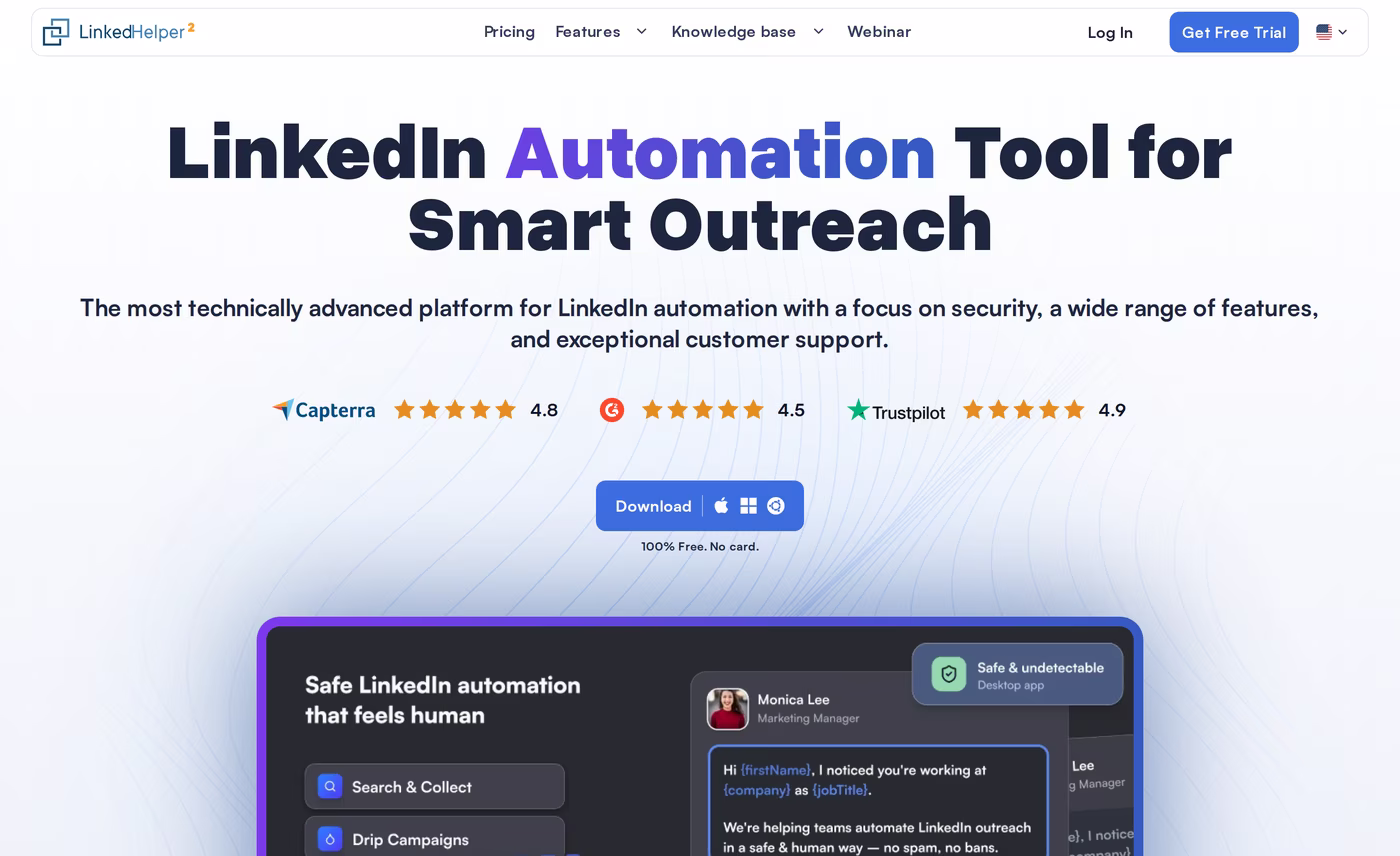 Linked Helper homepage headline reading LinkedIn Automation Tool for Smart Outreach