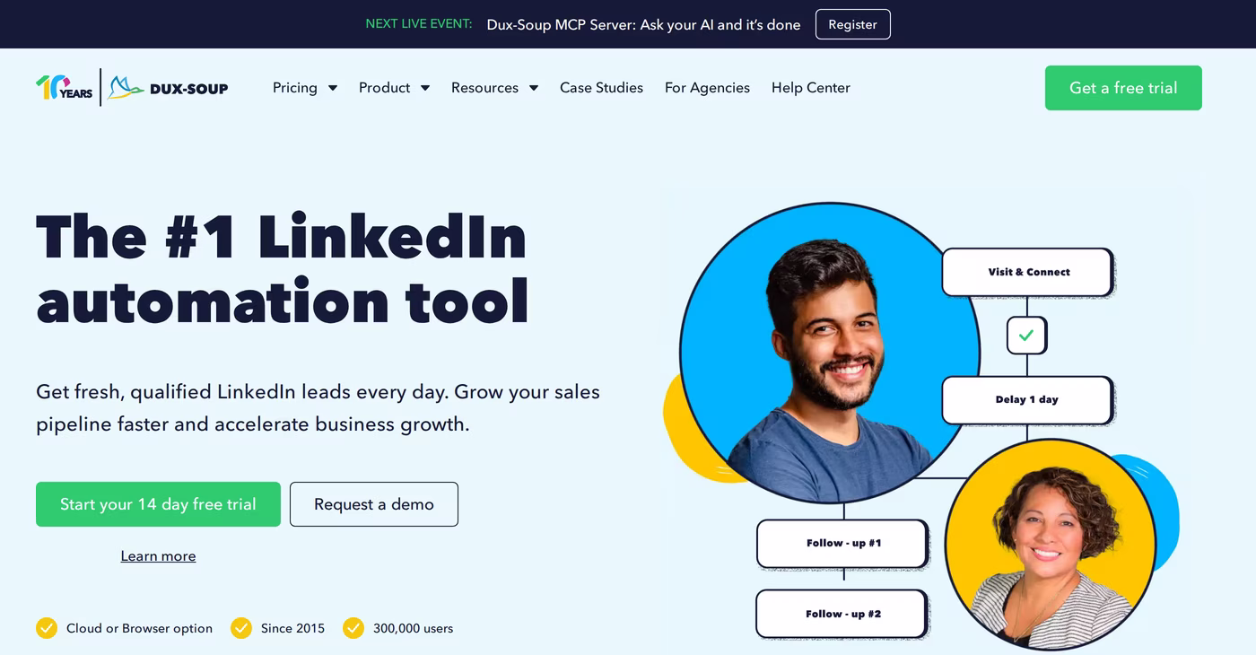 Dux-Soup homepage headline reading The #1 LinkedIn automation tool, noting cloud or browser option, since 2015, and 300,000 users