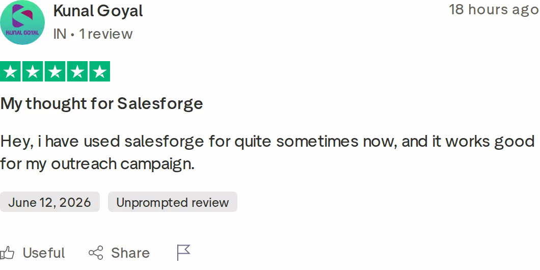 Five-star Trustpilot review of Salesforge titled My thought for Salesforge saying it has made outreach easier and works well for outreach campaigns