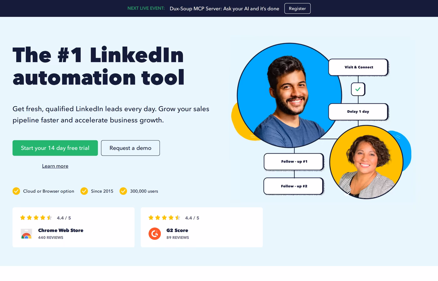 Dux-Soup homepage headline The #1 LinkedIn automation tool