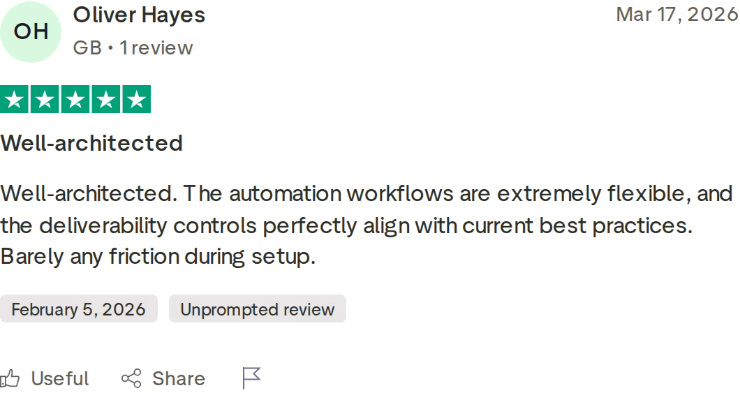 Five-star Trustpilot review calling Salesforge well-architected with flexible automation and strong deliverability