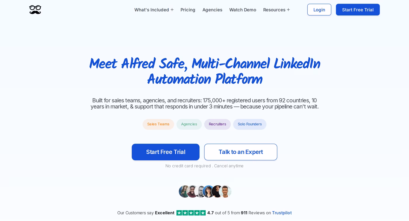 Meet Alfred homepage describing a safe multi-channel LinkedIn automation platform with 175,000 registered users