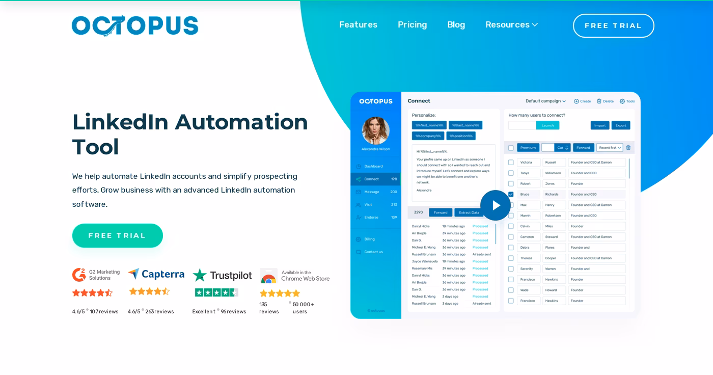 Octopus CRM homepage showing its LinkedIn Automation Tool positioning and product dashboard
