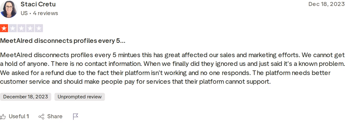 One-star Meet Alfred Trustpilot review reporting profiles disconnecting every five minutes and unresponsive support