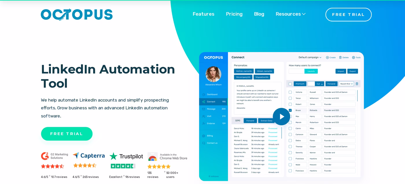 Octopus CRM homepage showing its LinkedIn automation tool