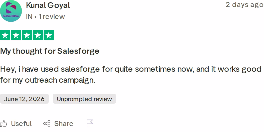 Salesforge 5-star Trustpilot review by Kunal Goyal