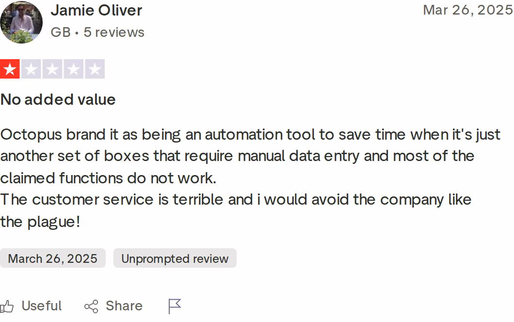 Octopus CRM 1-star Trustpilot review by Jamie Oliver, March 2025
