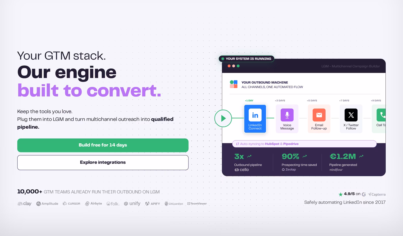 La Growth Machine homepage showing a multichannel campaign builder across LinkedIn, voice, email, and X