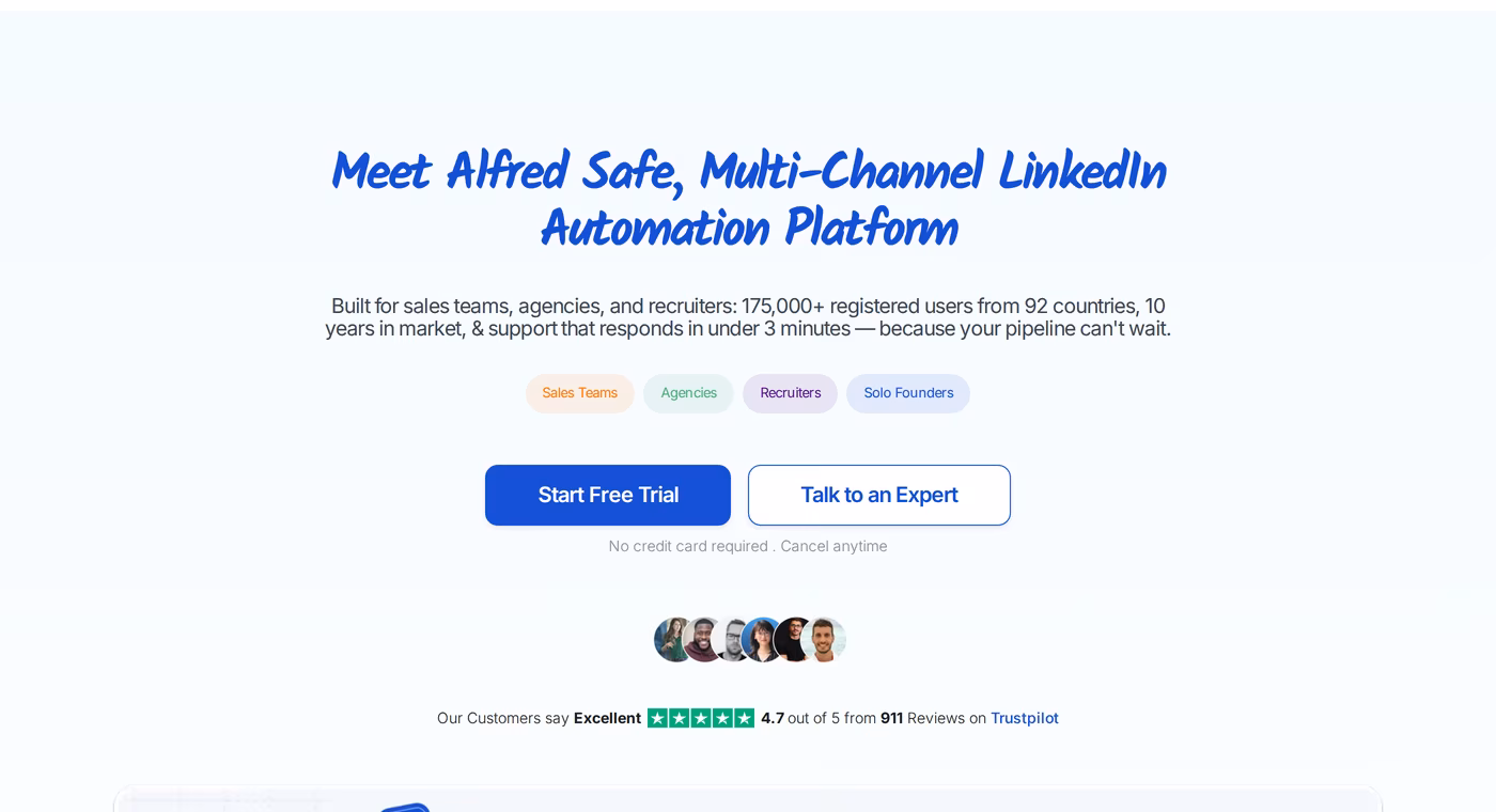 Meet Alfred homepage headline: a safe, multi-channel LinkedIn automation platform