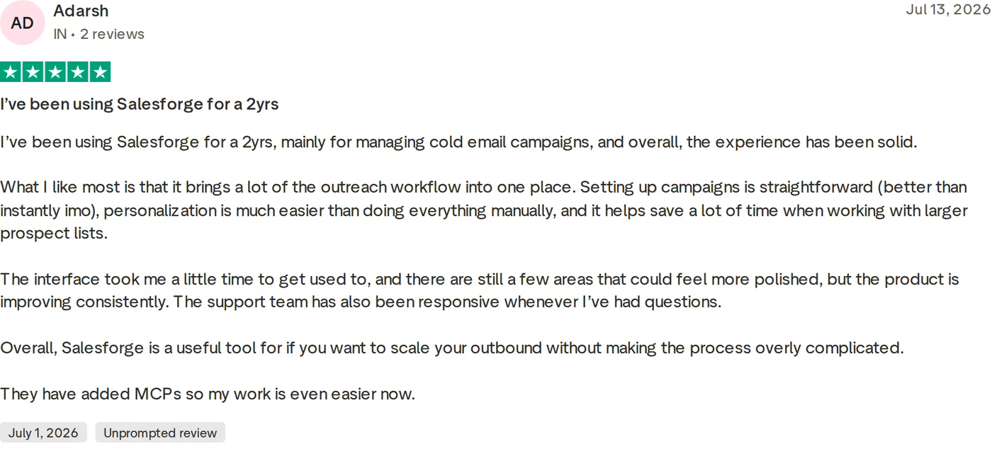 Five-star Trustpilot review of Salesforge from Adarsh dated July 13, 2026 describing two years of cold email campaigns in one place