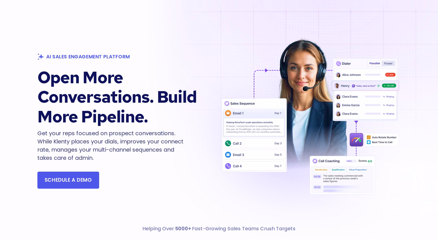 Klenty homepage showing its AI sales engagement platform positioning with sequence and dialer screenshots