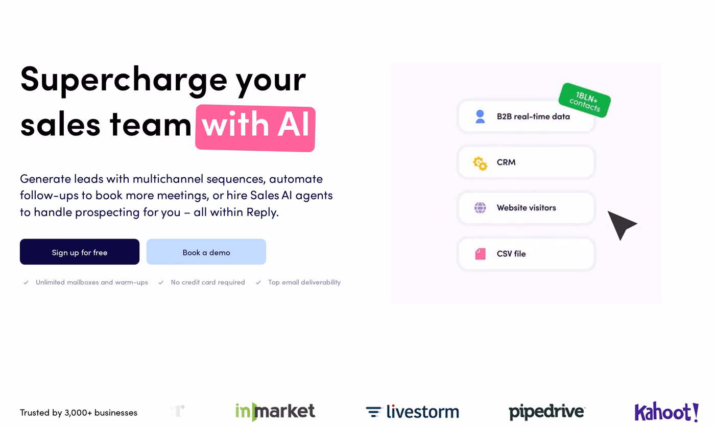 Reply.io homepage hero promoting multichannel sequences and AI sales agents