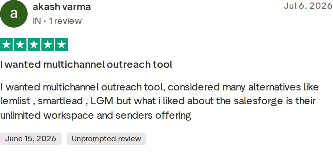 Five-star Trustpilot review of Salesforge from akash varma dated July 6 2026 praising unlimited workspaces and senders after comparing alternatives
