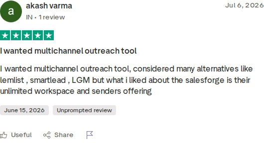 Five-star Trustpilot review of Salesforge by akash varma dated July 6 2026 praising unlimited workspaces and senders after comparing alternatives