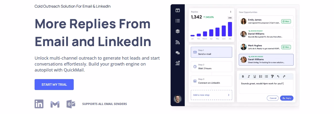 QuickMail homepage showing its Cold Outreach Solution For Email and LinkedIn positioning