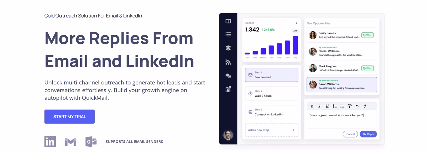 QuickMail homepage showing its email and LinkedIn cold outreach builder and reply dashboard