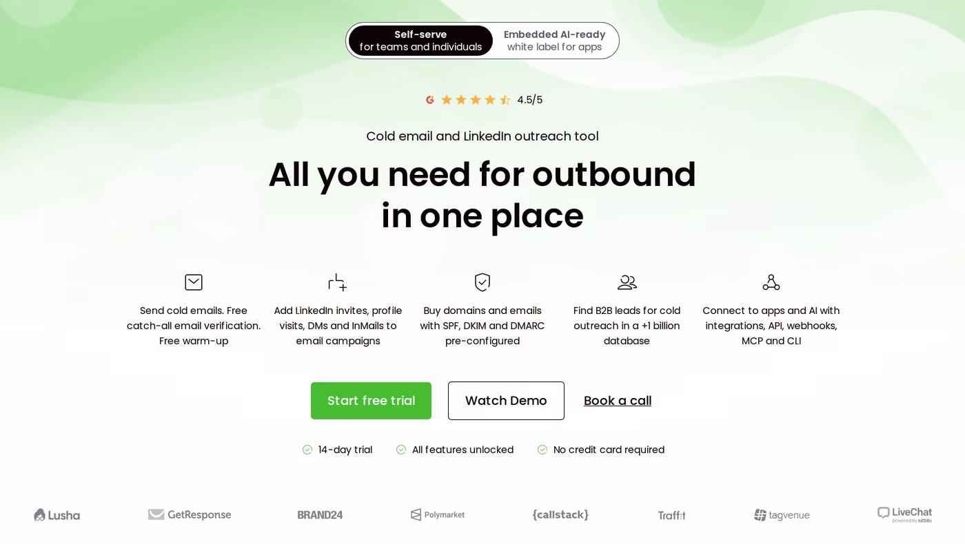 Woodpecker homepage showing cold email, LinkedIn, domains and lead database in one product