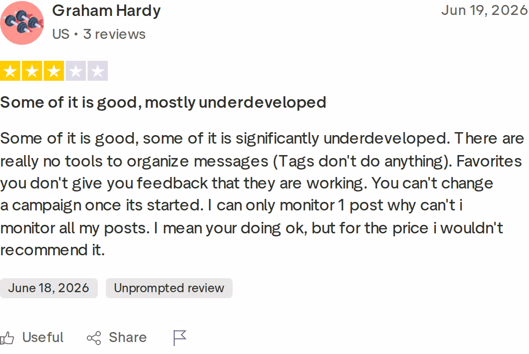 Three-star Trustpilot review of Dripify by Graham Hardy dated June 19 2026 describing parts of the product as significantly underdeveloped