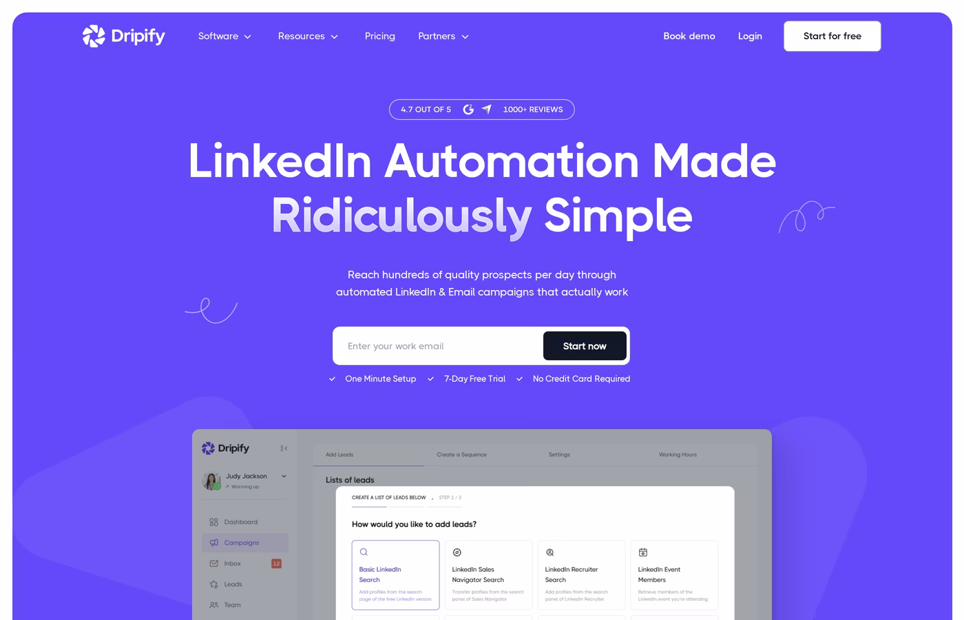 Dripify homepage hero showing its LinkedIn automation positioning and 4.7 out of 5 review badge