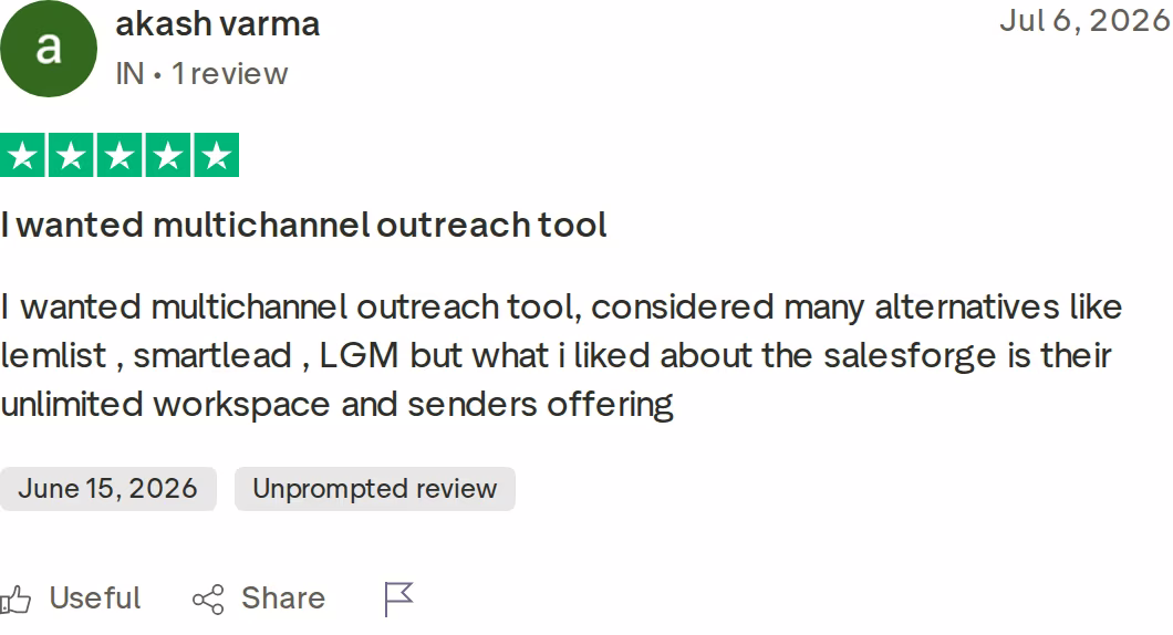 Five-star Trustpilot review of Salesforge by akash varma dated July 6 2026 citing unlimited workspaces and senders after comparing alternatives