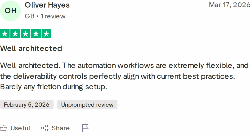 Five-star Trustpilot review of Salesforge by Oliver Hayes dated March 17 2026 praising flexible automation workflows and deliverability controls